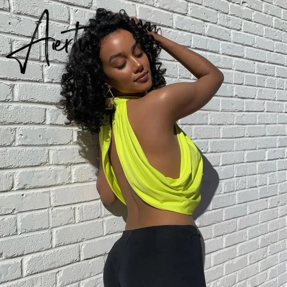 Aiertu  sleeveless halter patchwork backless sexy crop top summer women fashion streetwear club camis outfits
