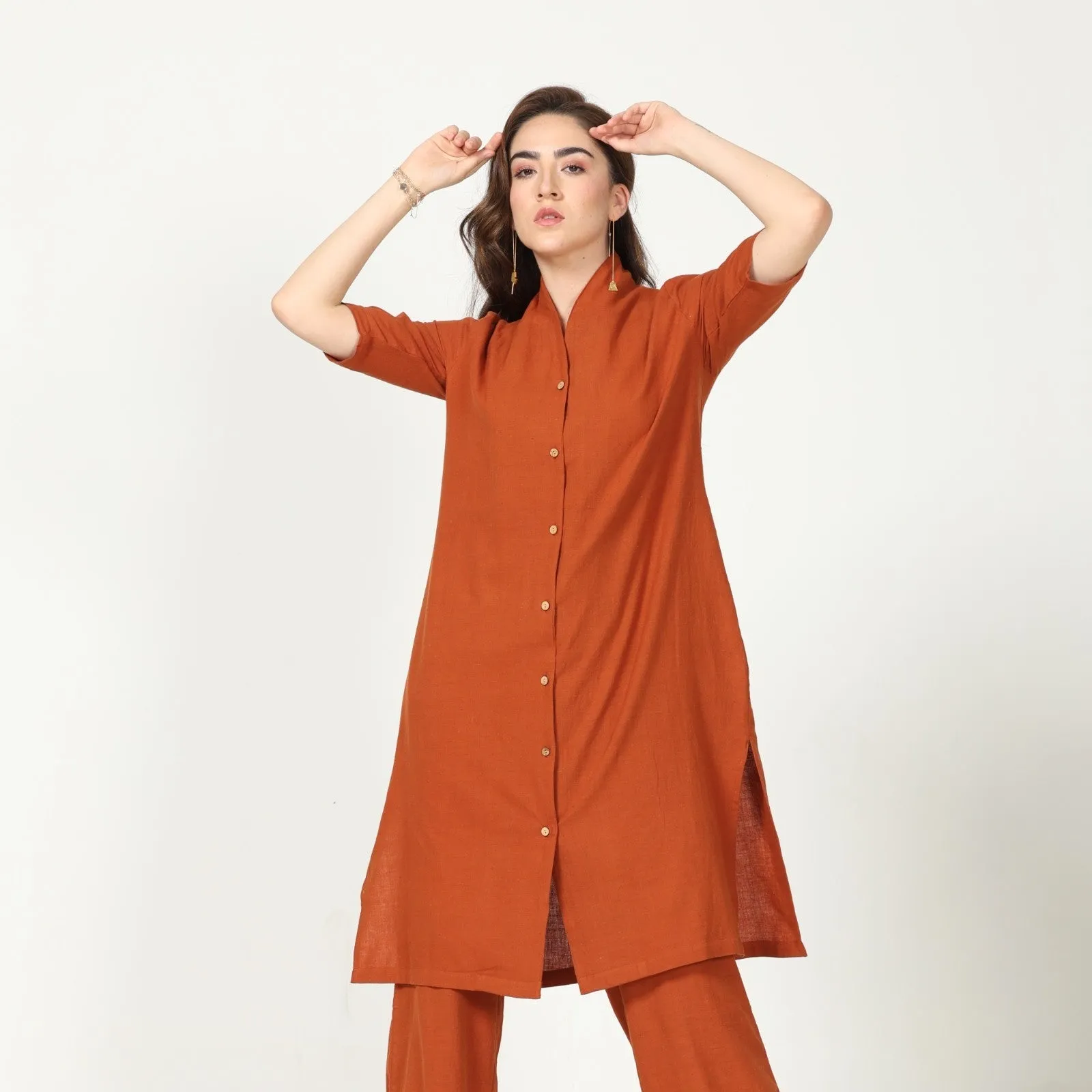 Autumn Rust Long Shirt Jacket | Cotton | Lightweight and Stylish