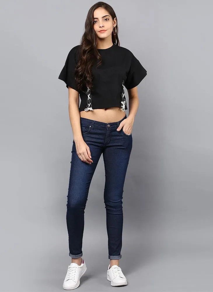 Black Crop Top with Tie-up Detail
