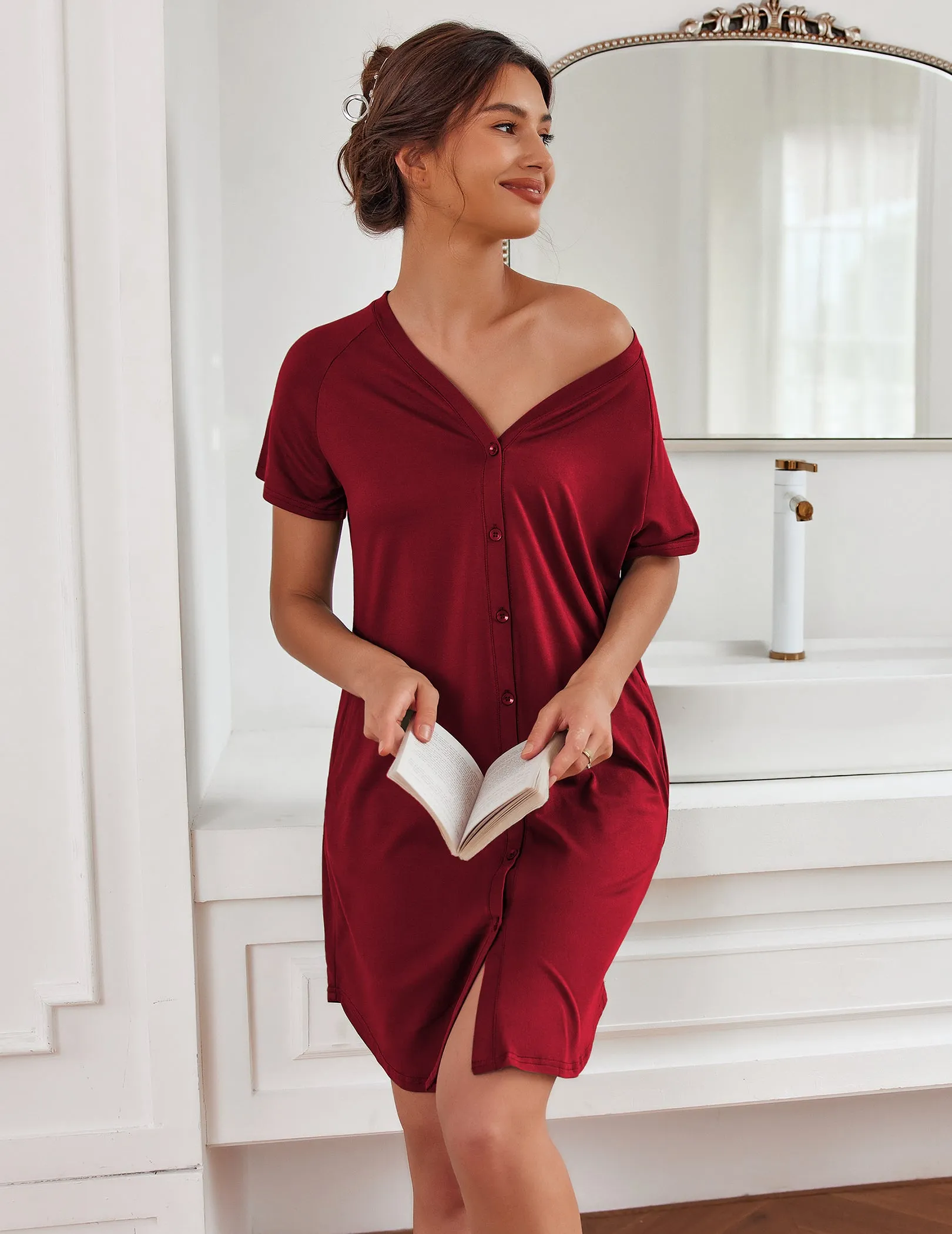 Casual V-Neck Button Down Nightgown (US Only)