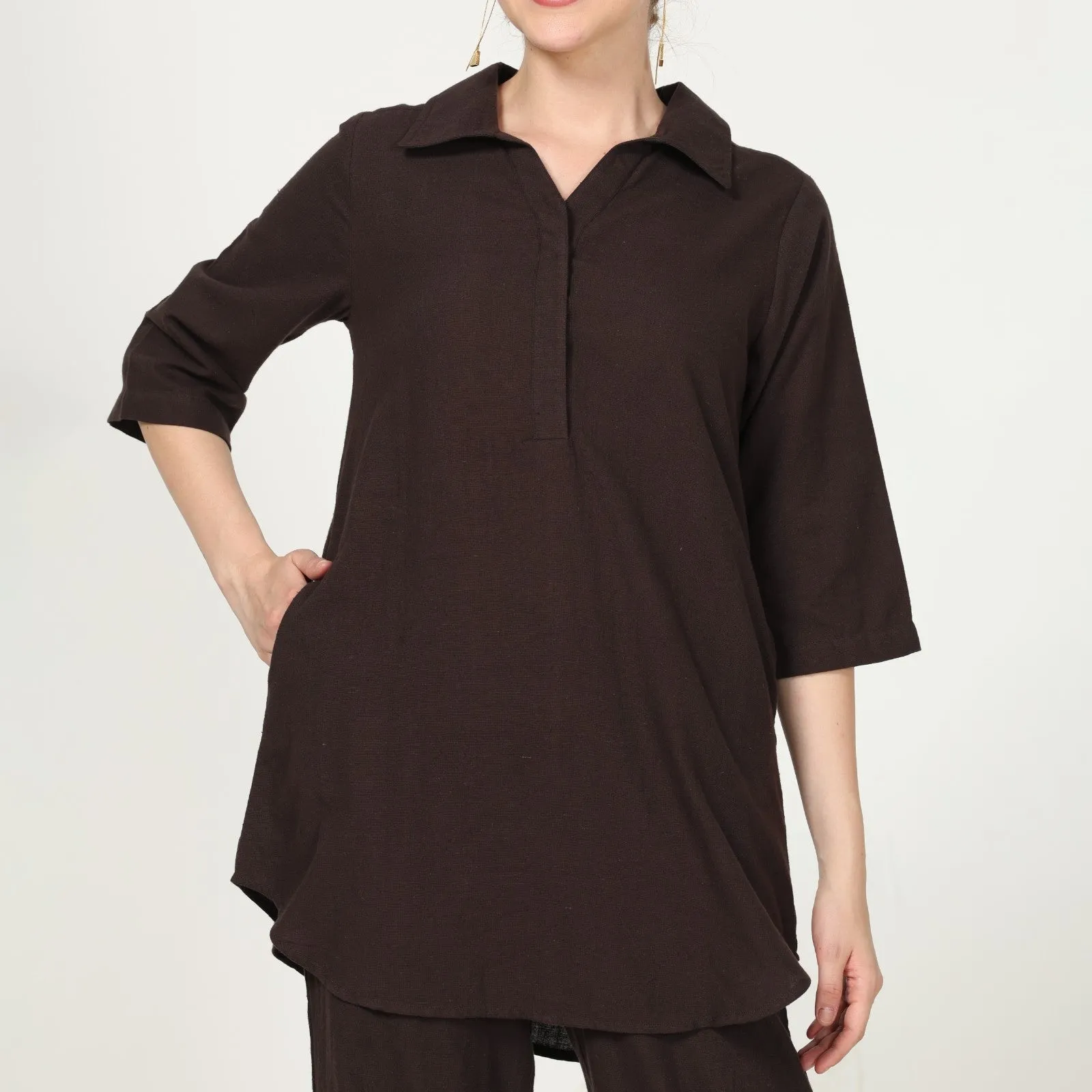 Coffee Brown Collar Tunic With Curved Hemline | Cotton | Effortless Style