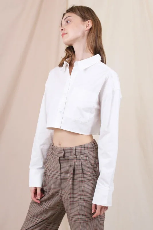 Henri Swing Button Down Collar Menswear Shirt Pocket Crop Top