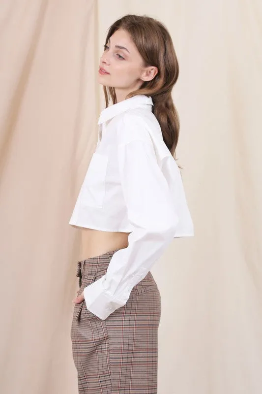 Henri Swing Button Down Collar Menswear Shirt Pocket Crop Top