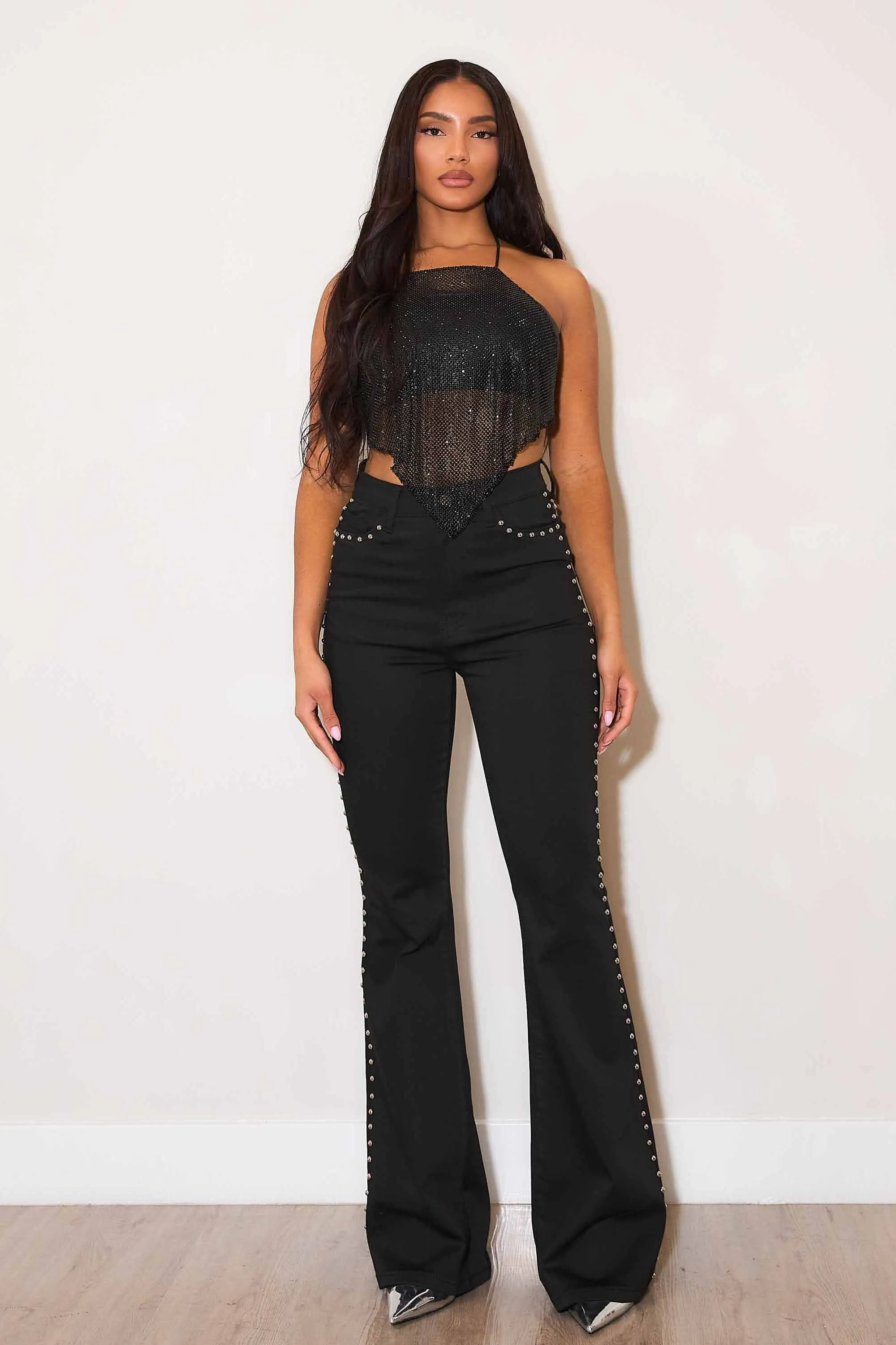 High-Rise Flare Jeans With Studs