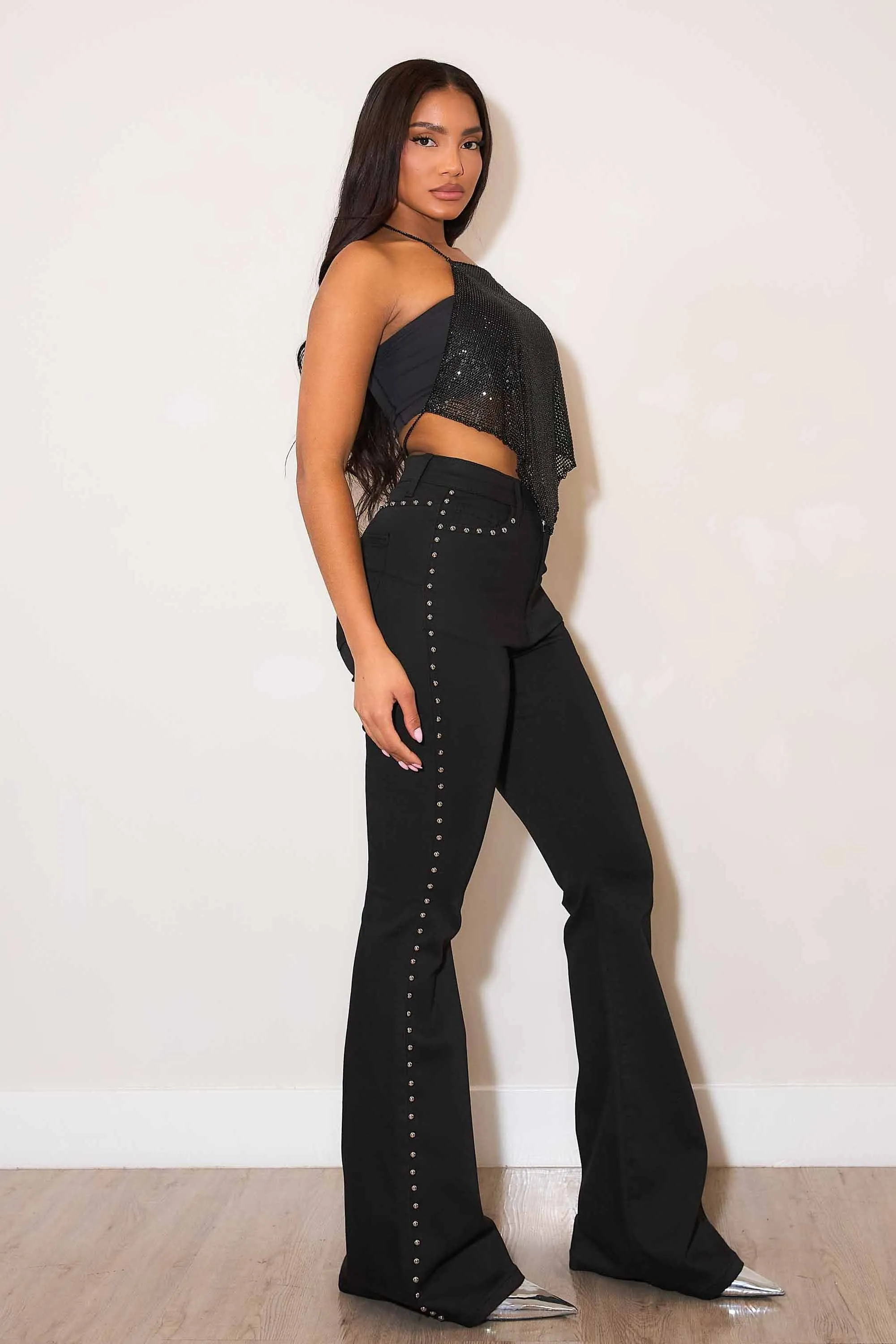High-Rise Flare Jeans With Studs