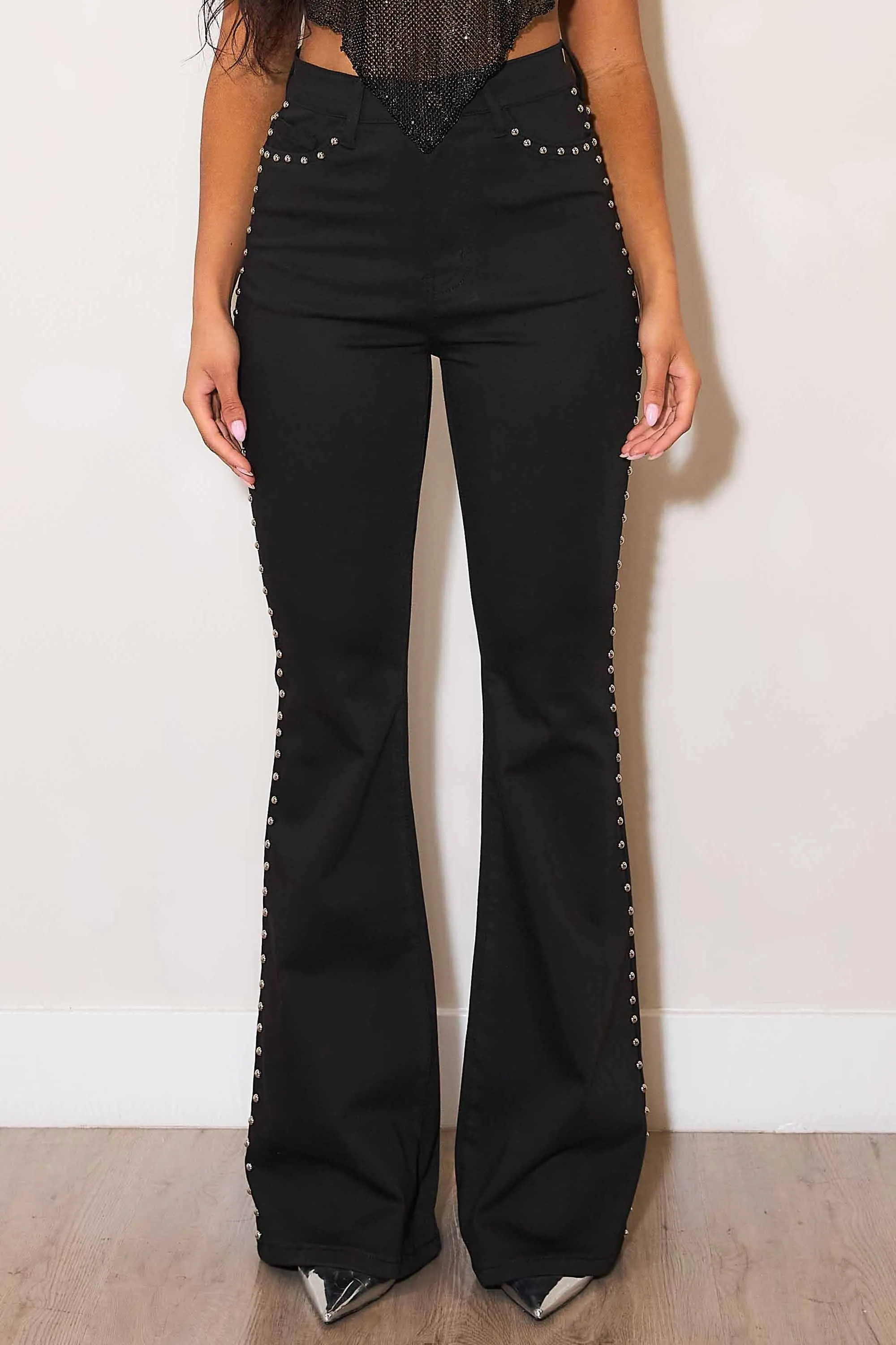 High-Rise Flare Jeans With Studs