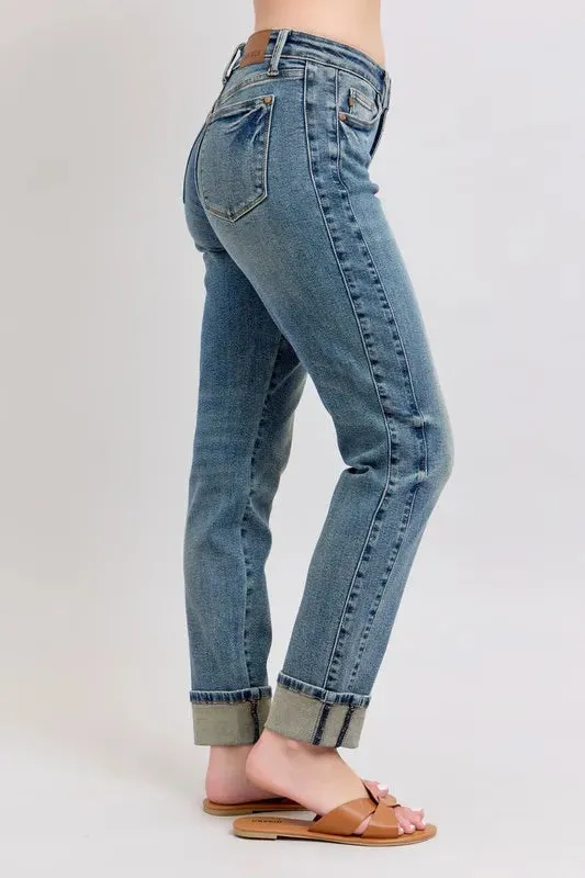 ONLINE EXCLUSIVE Judy Blue Mid Rise Vintage Wash Double Roll Cuff Boyfriend Jeans
