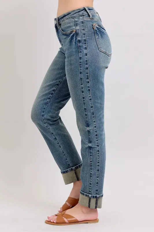 ONLINE EXCLUSIVE Judy Blue Mid Rise Vintage Wash Double Roll Cuff Boyfriend Jeans