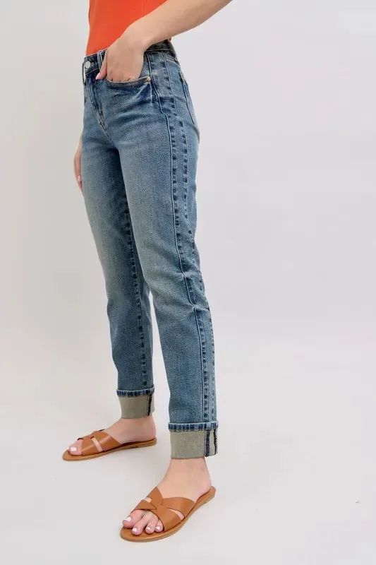 ONLINE EXCLUSIVE Judy Blue Mid Rise Vintage Wash Double Roll Cuff Boyfriend Jeans