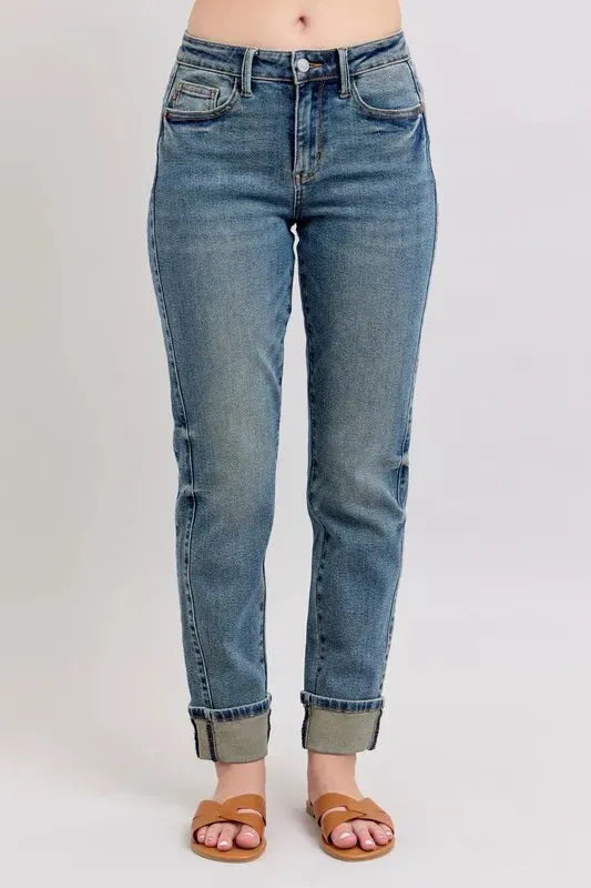 ONLINE EXCLUSIVE Judy Blue Mid Rise Vintage Wash Double Roll Cuff Boyfriend Jeans