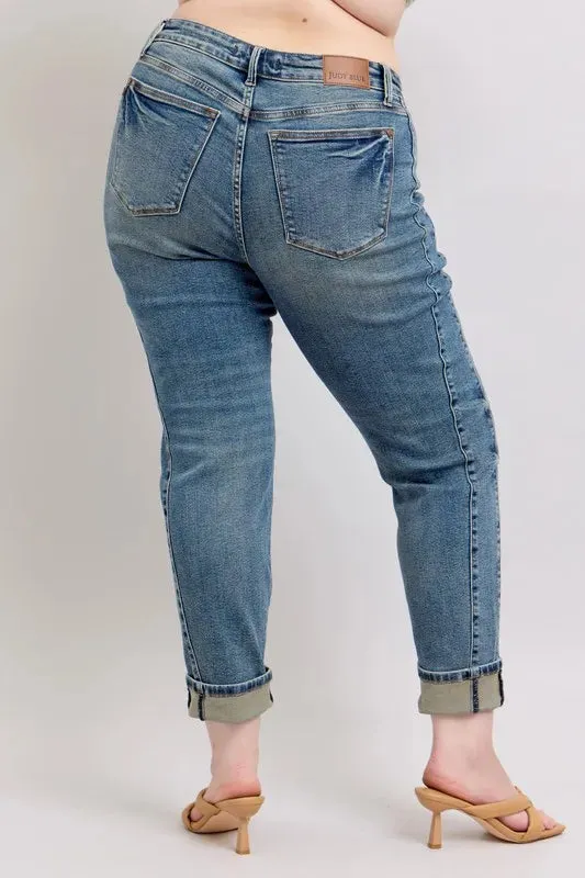 ONLINE EXCLUSIVE Judy Blue Mid Rise Vintage Wash Double Roll Cuff Boyfriend Jeans