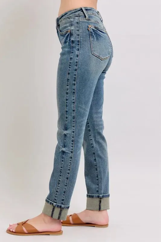 ONLINE EXCLUSIVE Judy Blue Mid Rise Vintage Wash Double Roll Cuff Boyfriend Jeans