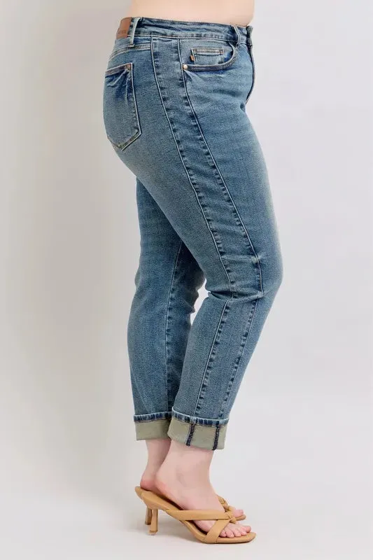 ONLINE EXCLUSIVE Judy Blue Mid Rise Vintage Wash Double Roll Cuff Boyfriend Jeans
