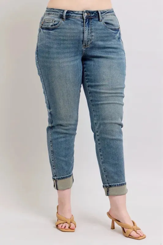 ONLINE EXCLUSIVE Judy Blue Mid Rise Vintage Wash Double Roll Cuff Boyfriend Jeans