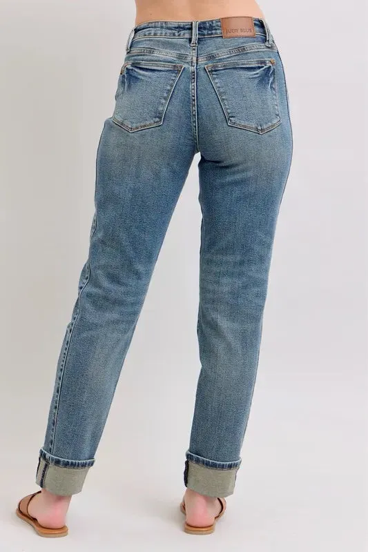 ONLINE EXCLUSIVE Judy Blue Mid Rise Vintage Wash Double Roll Cuff Boyfriend Jeans