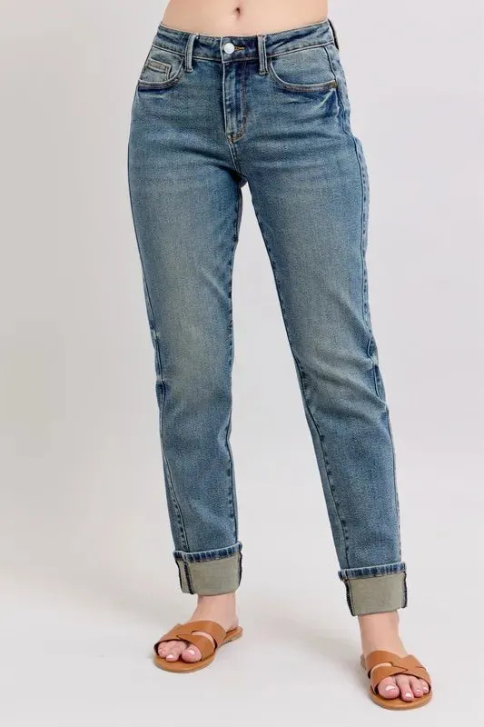 ONLINE EXCLUSIVE Judy Blue Mid Rise Vintage Wash Double Roll Cuff Boyfriend Jeans