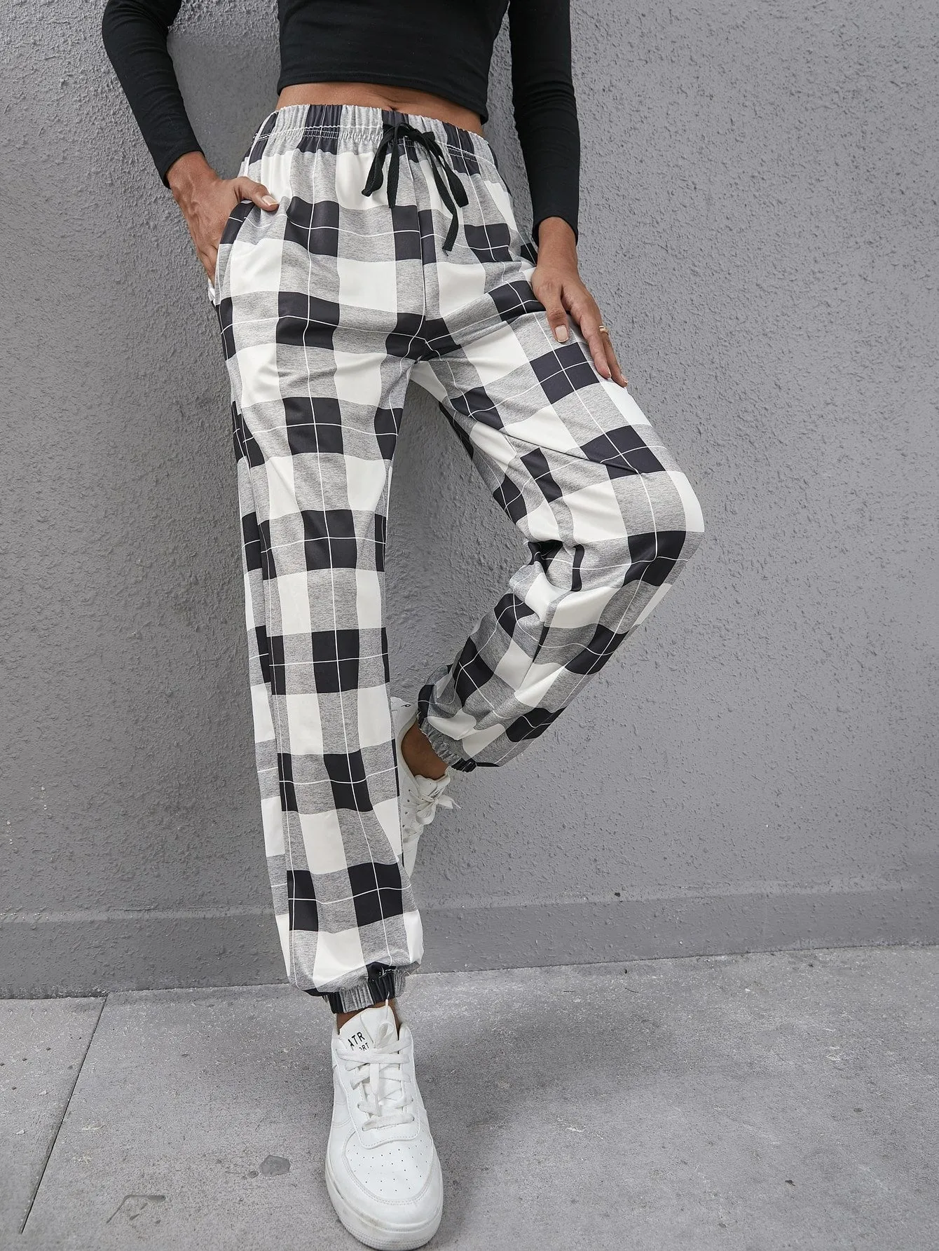 Plaid Drawstring Natural Long Women Sweatpants
