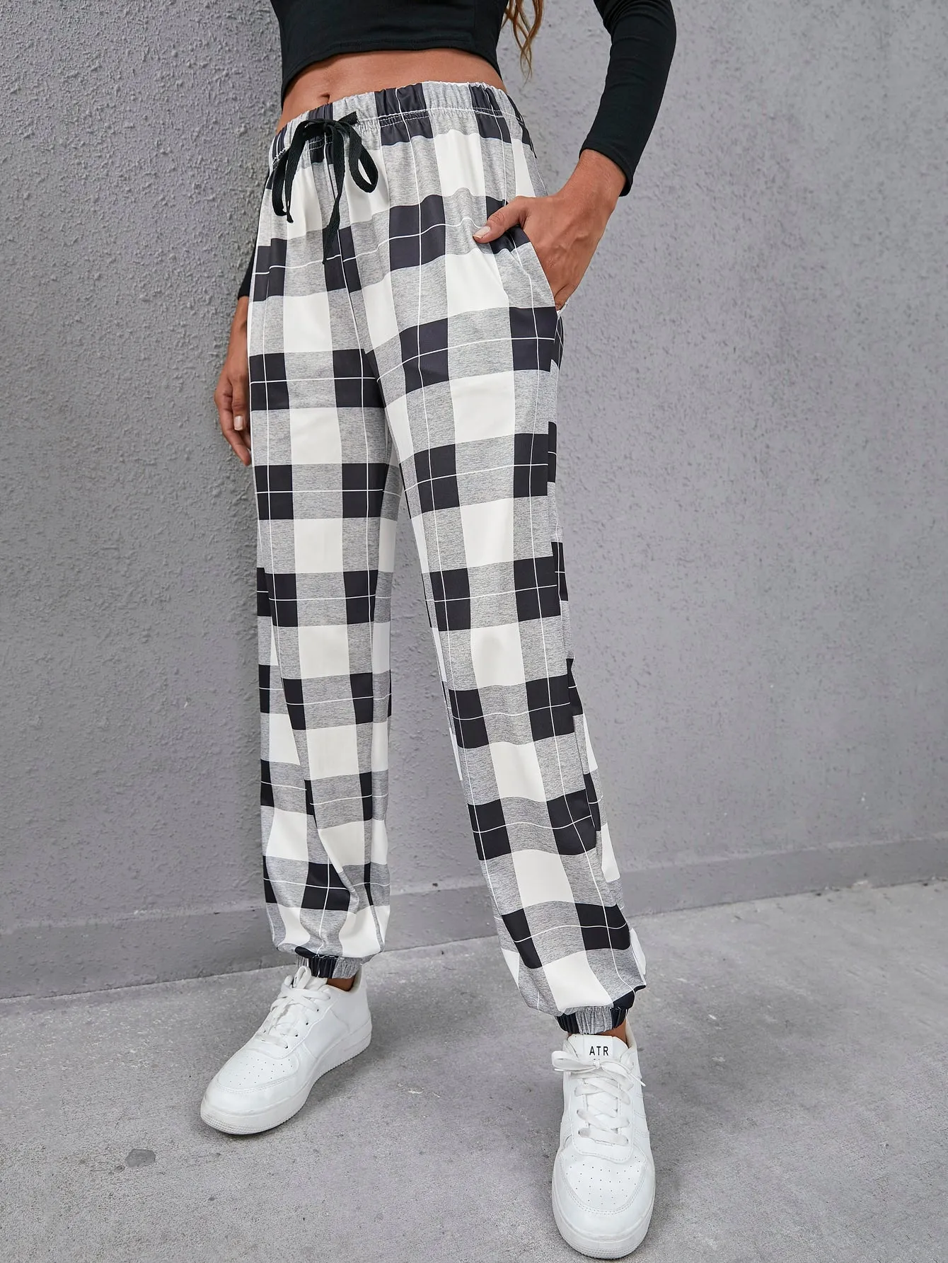 Plaid Drawstring Natural Long Women Sweatpants