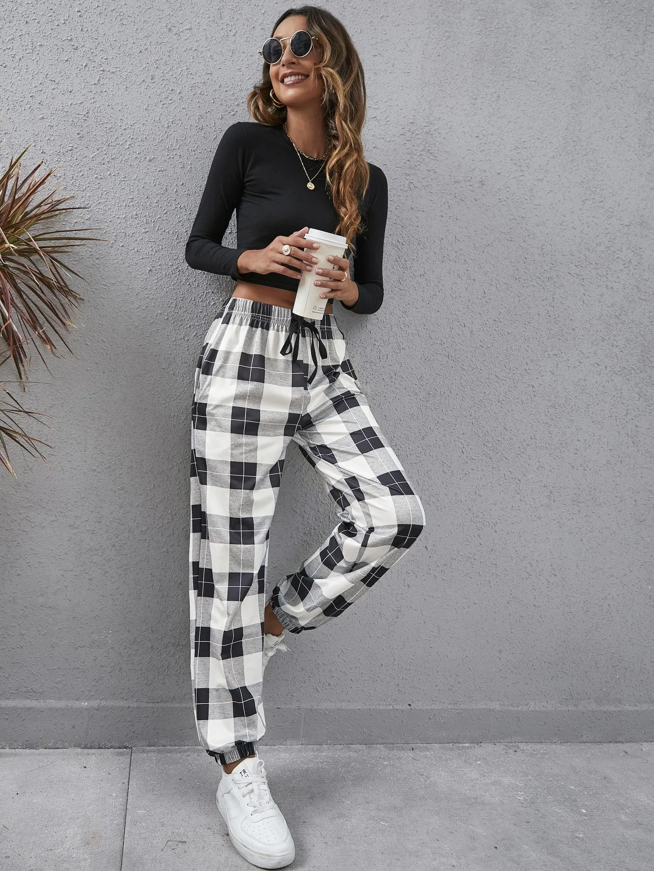 Plaid Drawstring Natural Long Women Sweatpants