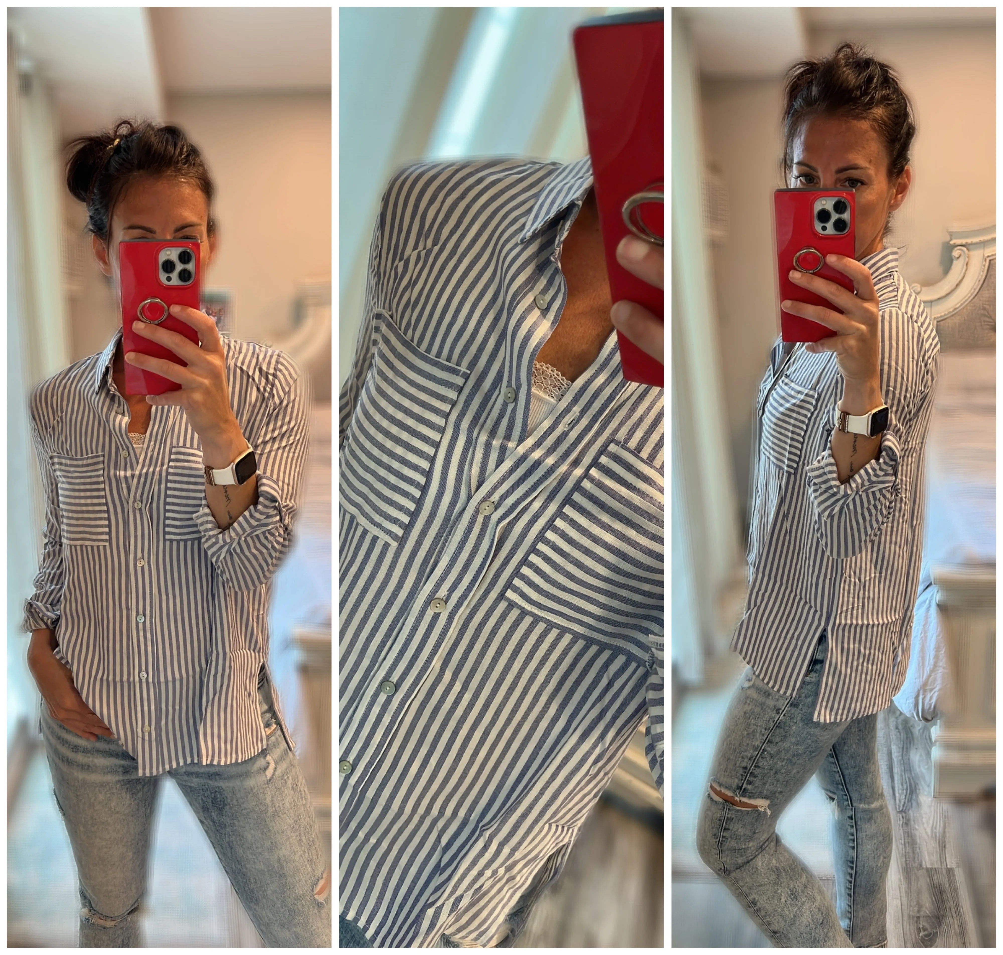 Striped Roll Up Sleeve Button Down Blouse