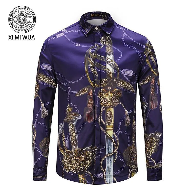 Vintage Printed Button Down Long Sleeve Shirt Blue